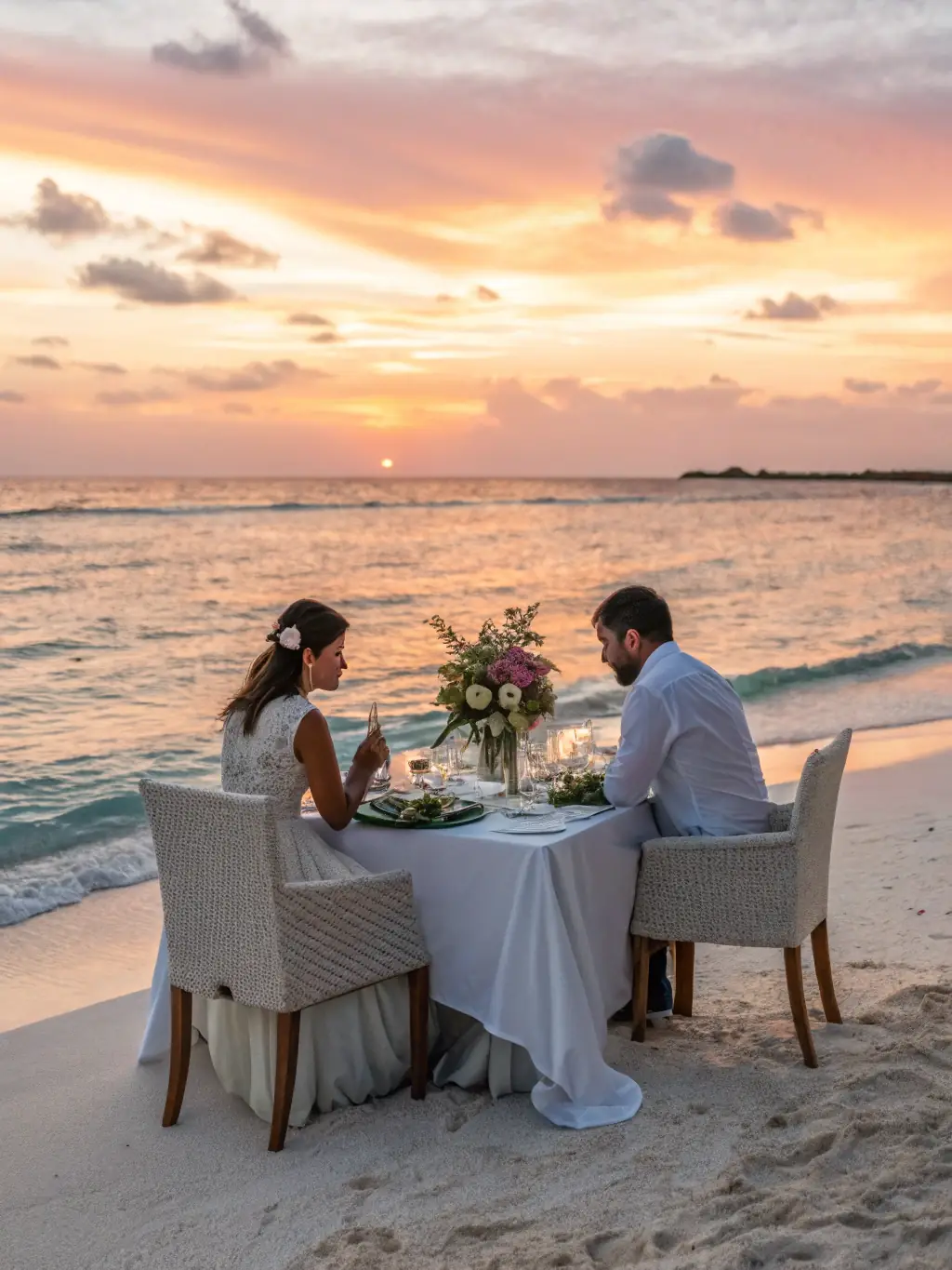 A couple enjoying a private sunset dinner on a secluded beach in Rio de Janeiro, highlighting romance and unique experiences.