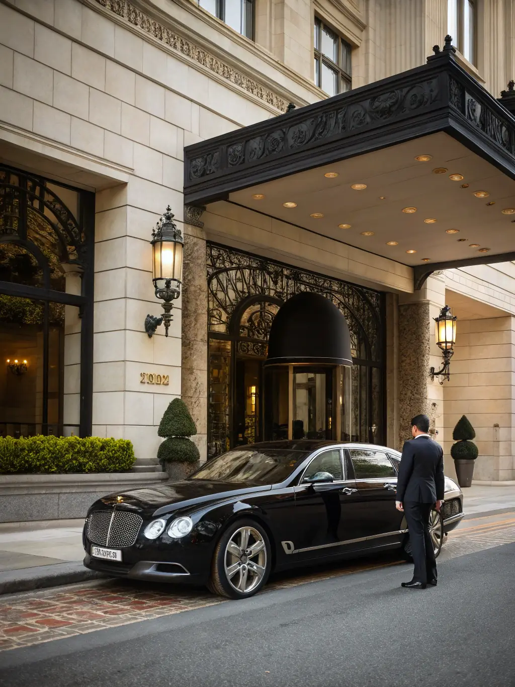 A sleek, black luxury car with a professional chauffeur waiting outside a high-end hotel in Rio, showcasing sophistication and reliability.