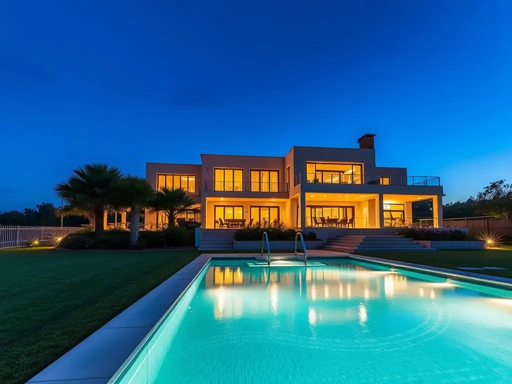 A grand, colonial-style villa in a secluded, upscale neighborhood of Rio de Janeiro. The villa features a large garden, a private tennis court, and a sophisticated, elegant interior.