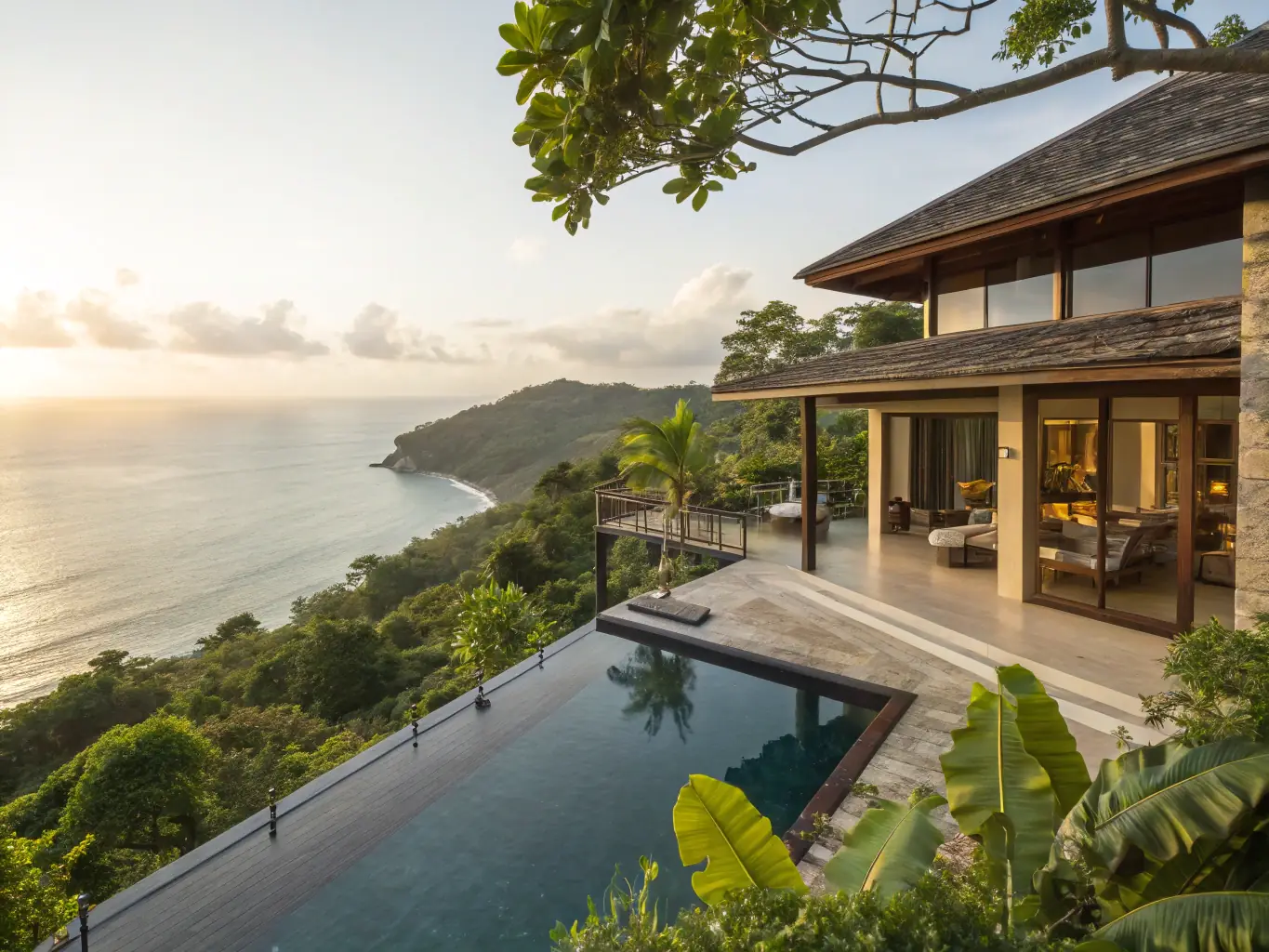 A modern, luxurious villa in Rio de Janeiro with an infinity pool overlooking the ocean at sunset. Palm trees and lush greenery surround the property, emphasizing its exclusivity and tropical setting.